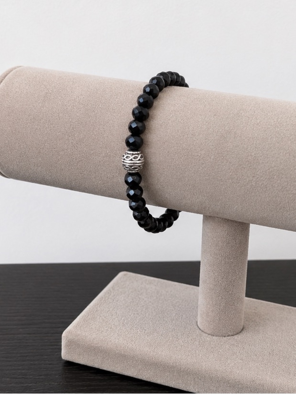 Black Faceted Bead Stretch Bracelet with Silver Accent